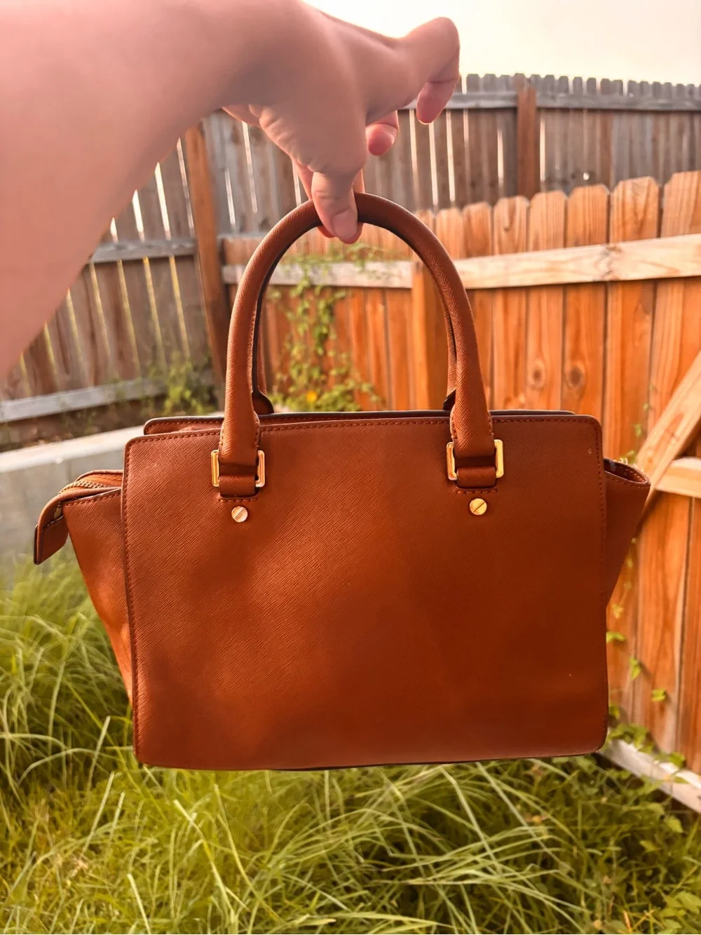 MICHAEL KORS Cognac Saffiano Leather Satchel with Gold Hardware
